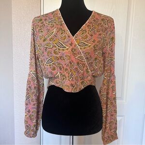 Patrons of Peace Pink with Paisley Print Boho Crop Blouse Size Small‎